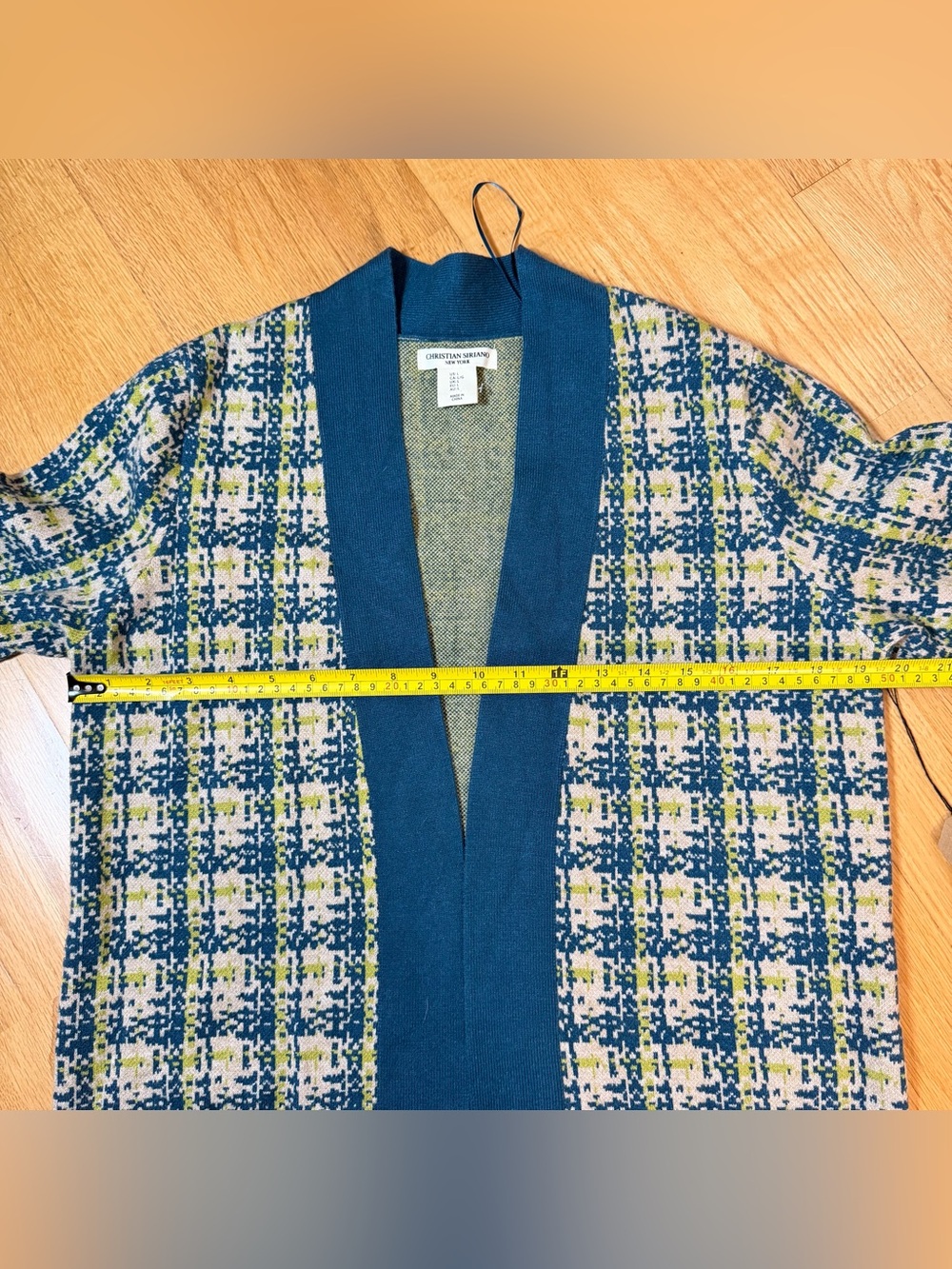 Christian Siriano NWT Plaid Open Front Long Cardigan Sweater Teal Multi L Preppy - Picture 5 of 12